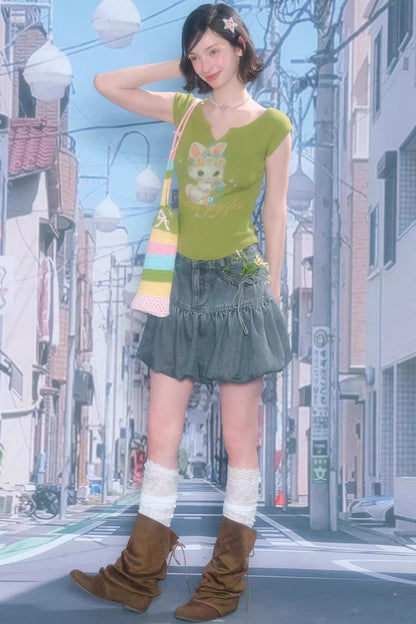 Green Rabbit Print V-neck Top