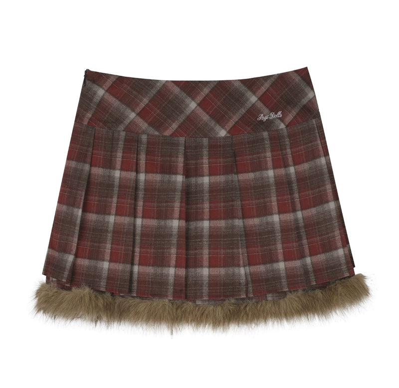 Plaid Fur Skirt + High Neck Tops + Duffle Fur Coat