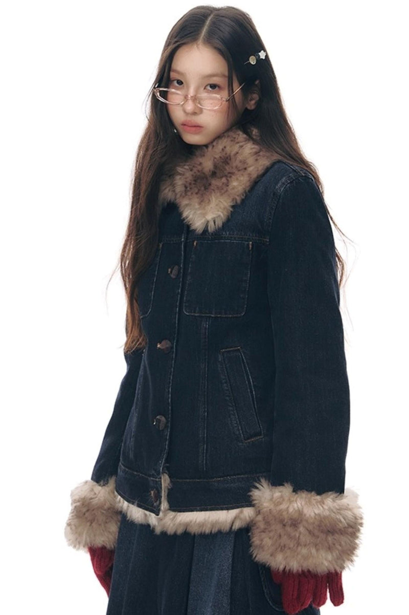 Fur Collar Denim Jacket + Skirt