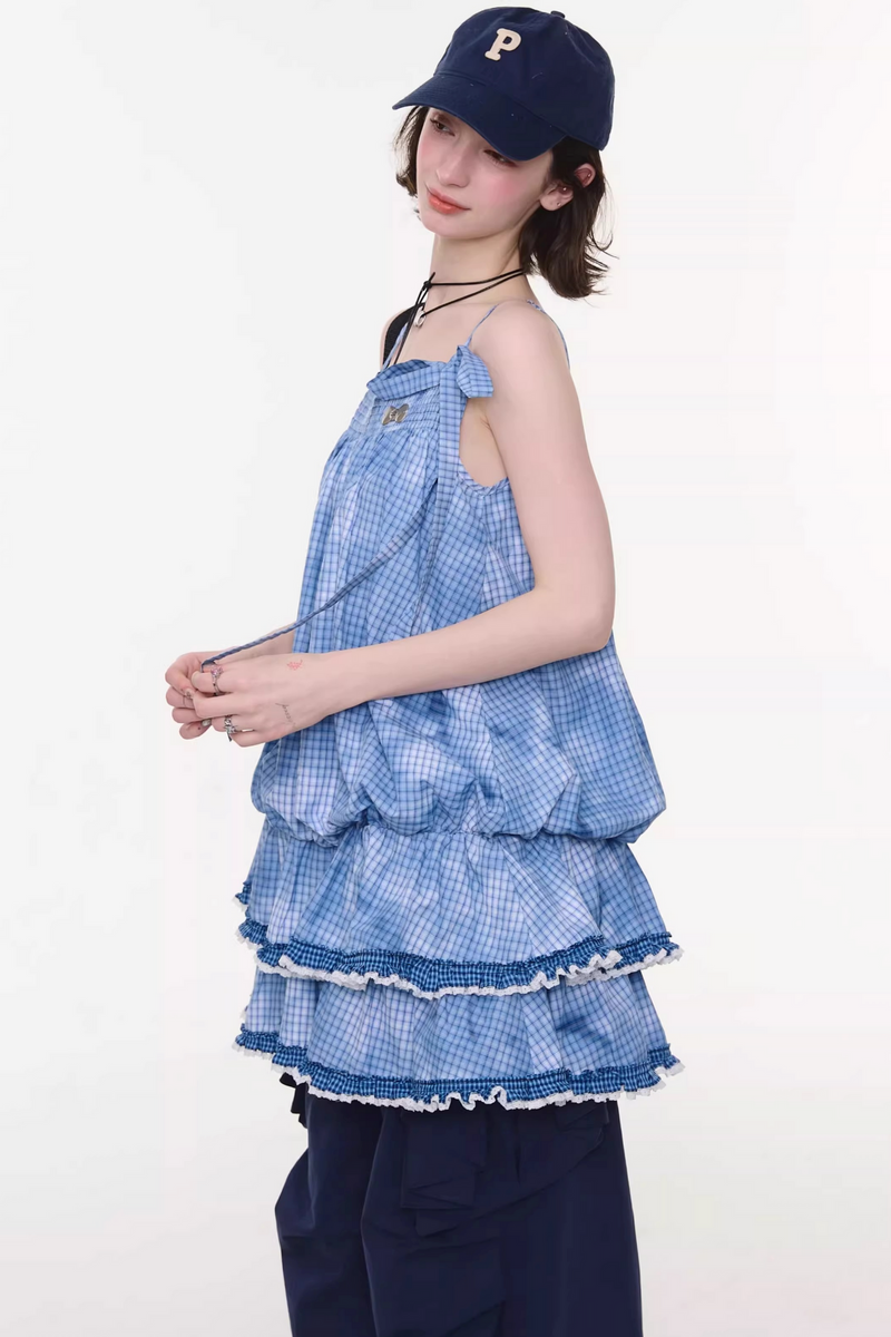 Tie-dye Blue Plaid Lace Dress