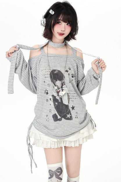 Stripe Off-shoulder Drawstring Loose Long T-shirt (with Stole)