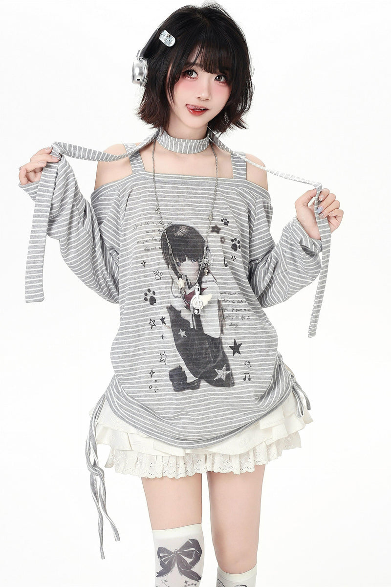 Stripe Off-shoulder Drawstring Loose Long T-shirt (with Stole)