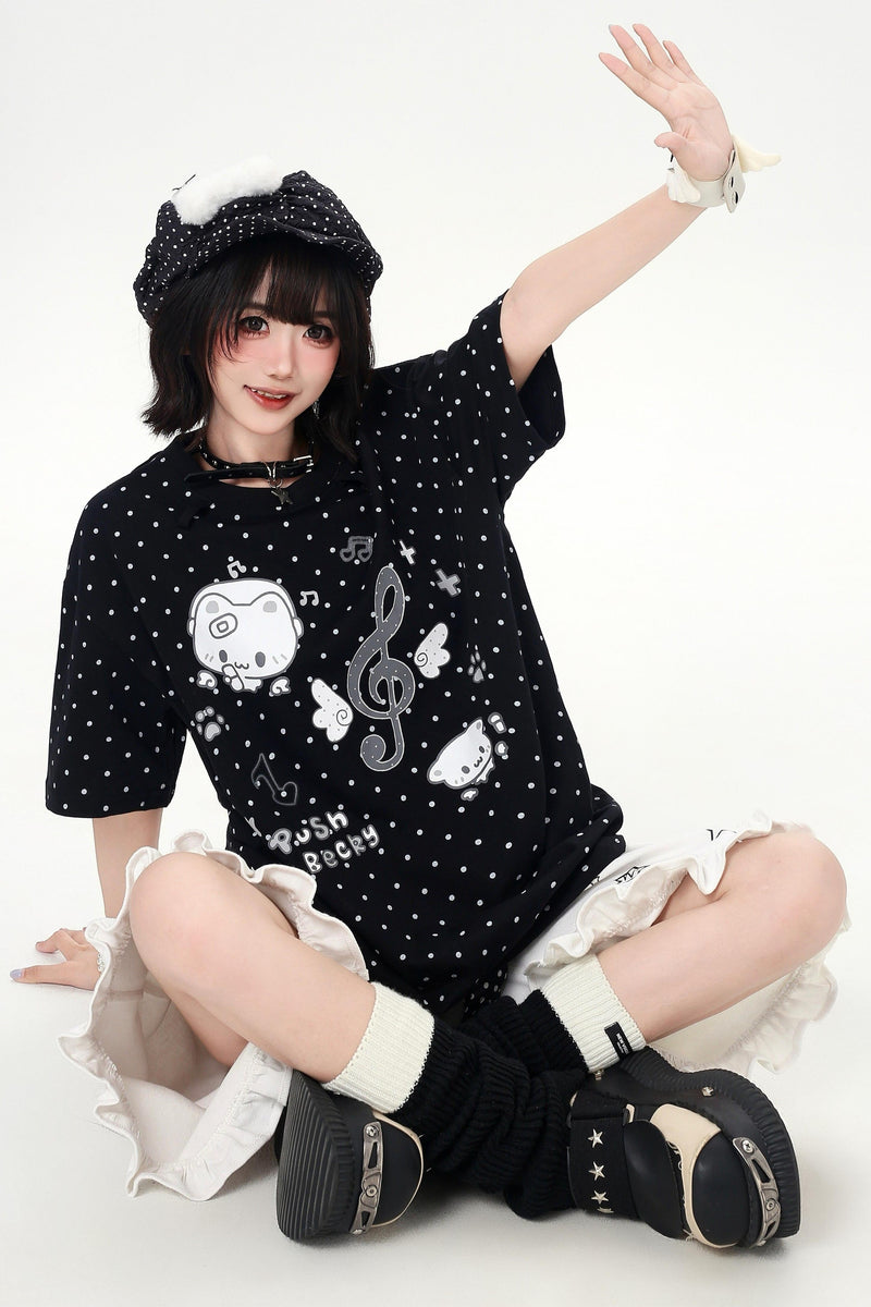 Cat Print Dot Tie Collar Loose T-shirt