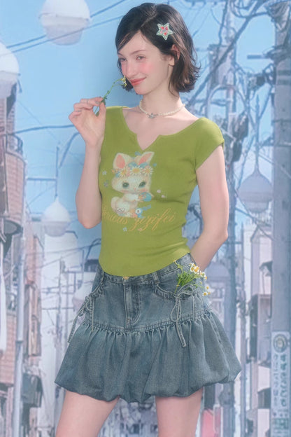 Green Rabbit Print V-neck Top
