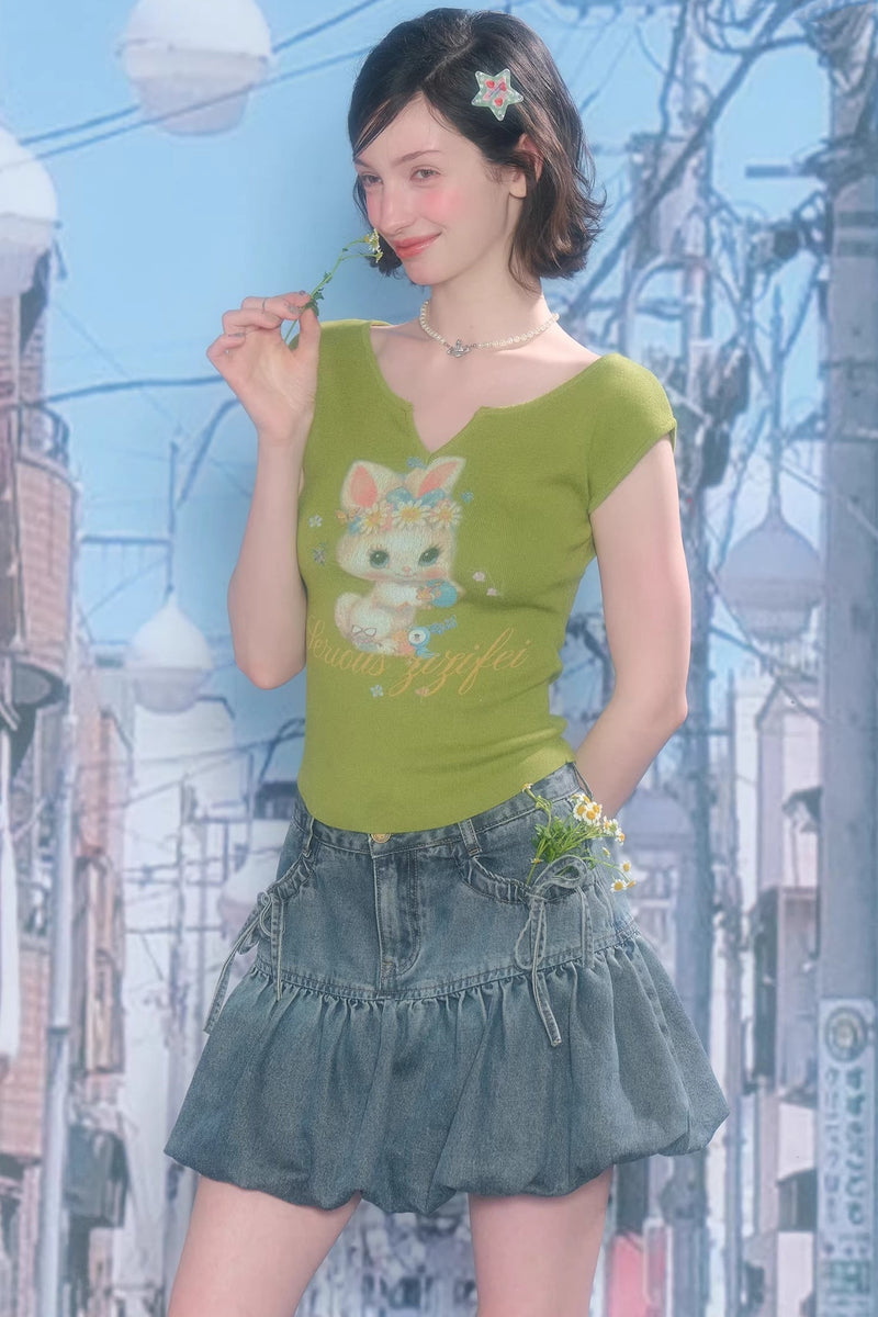 Green Rabbit Print V-neck Top