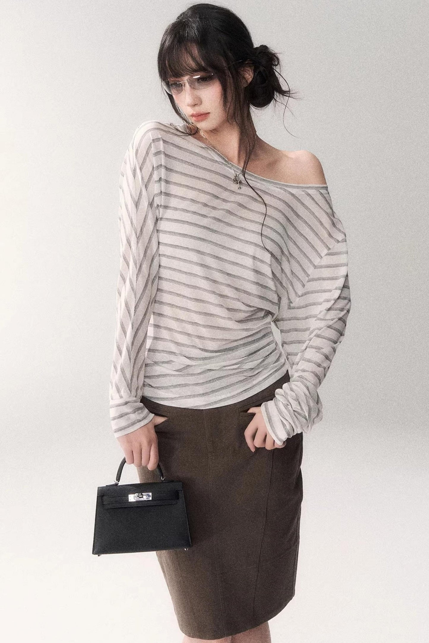 Striped Tencel Off-shoulder Top