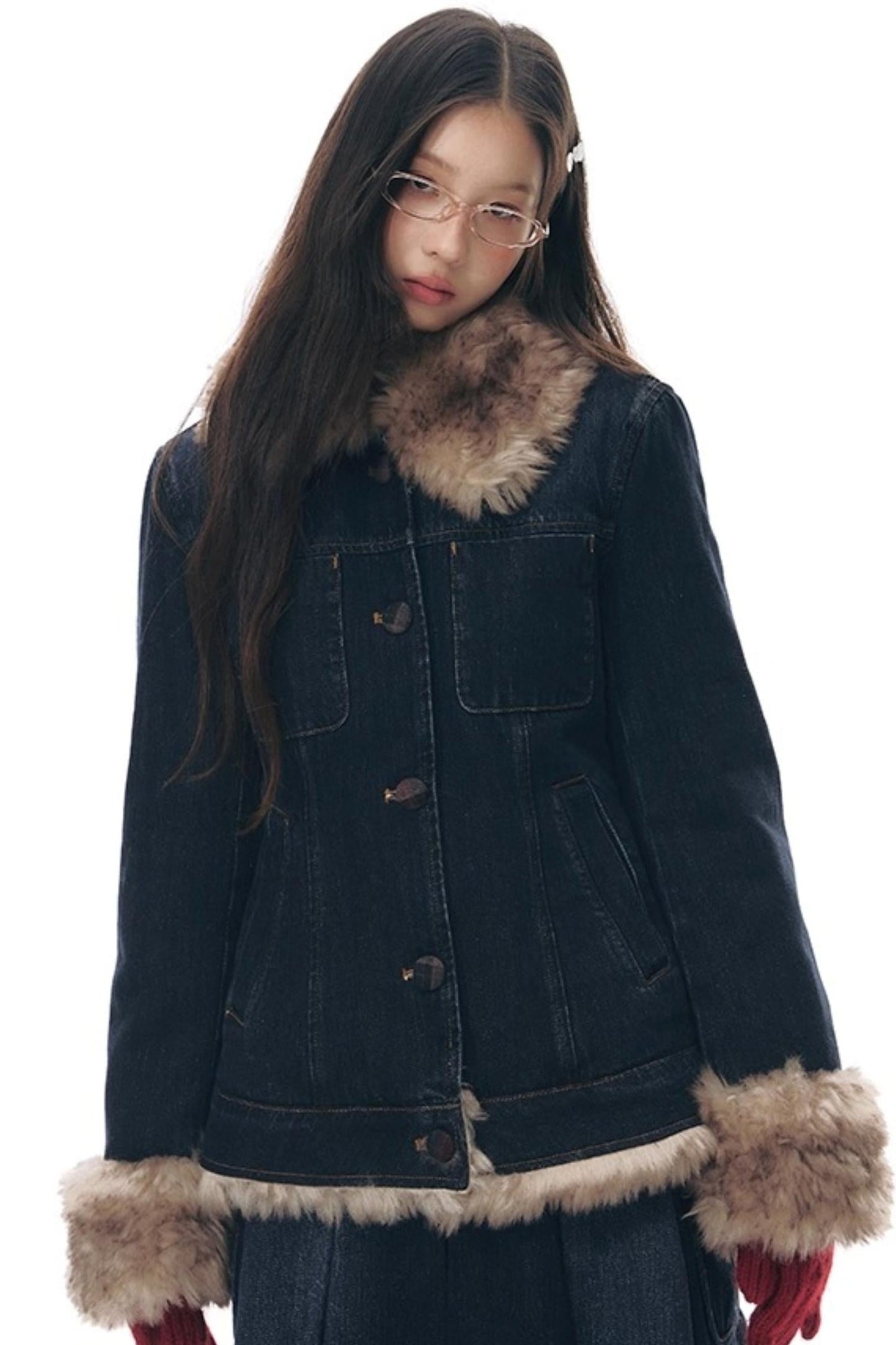 Fur Collar Denim Jacket + Skirt