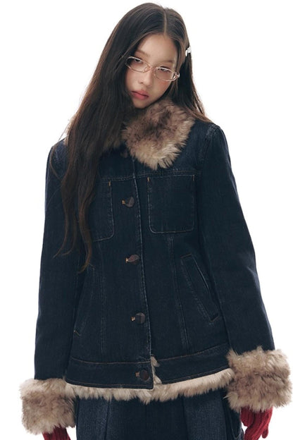 Fur Collar Denim Jacket + Skirt