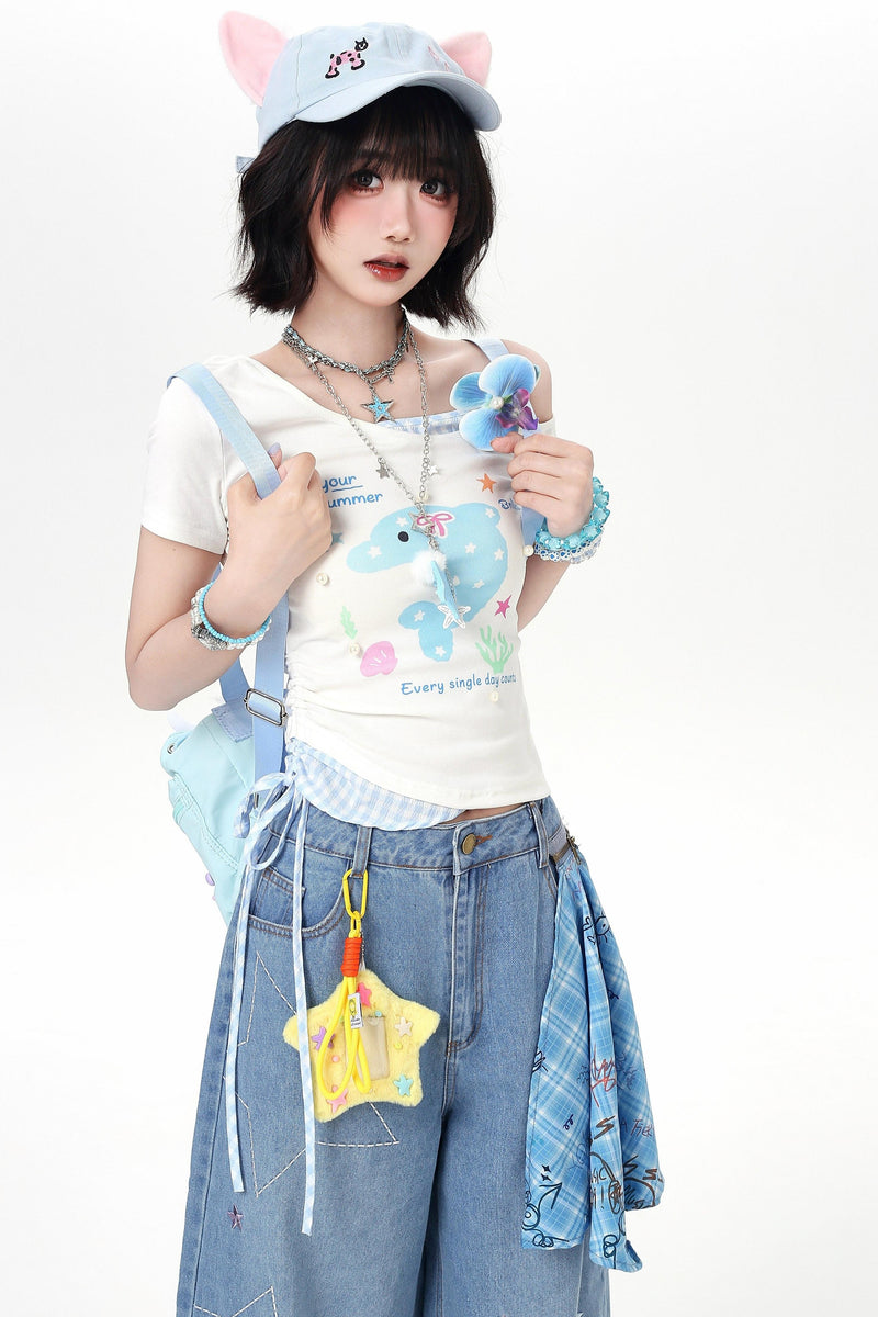 Off-shoulder Dolphin Summer Fake Two-piece Top