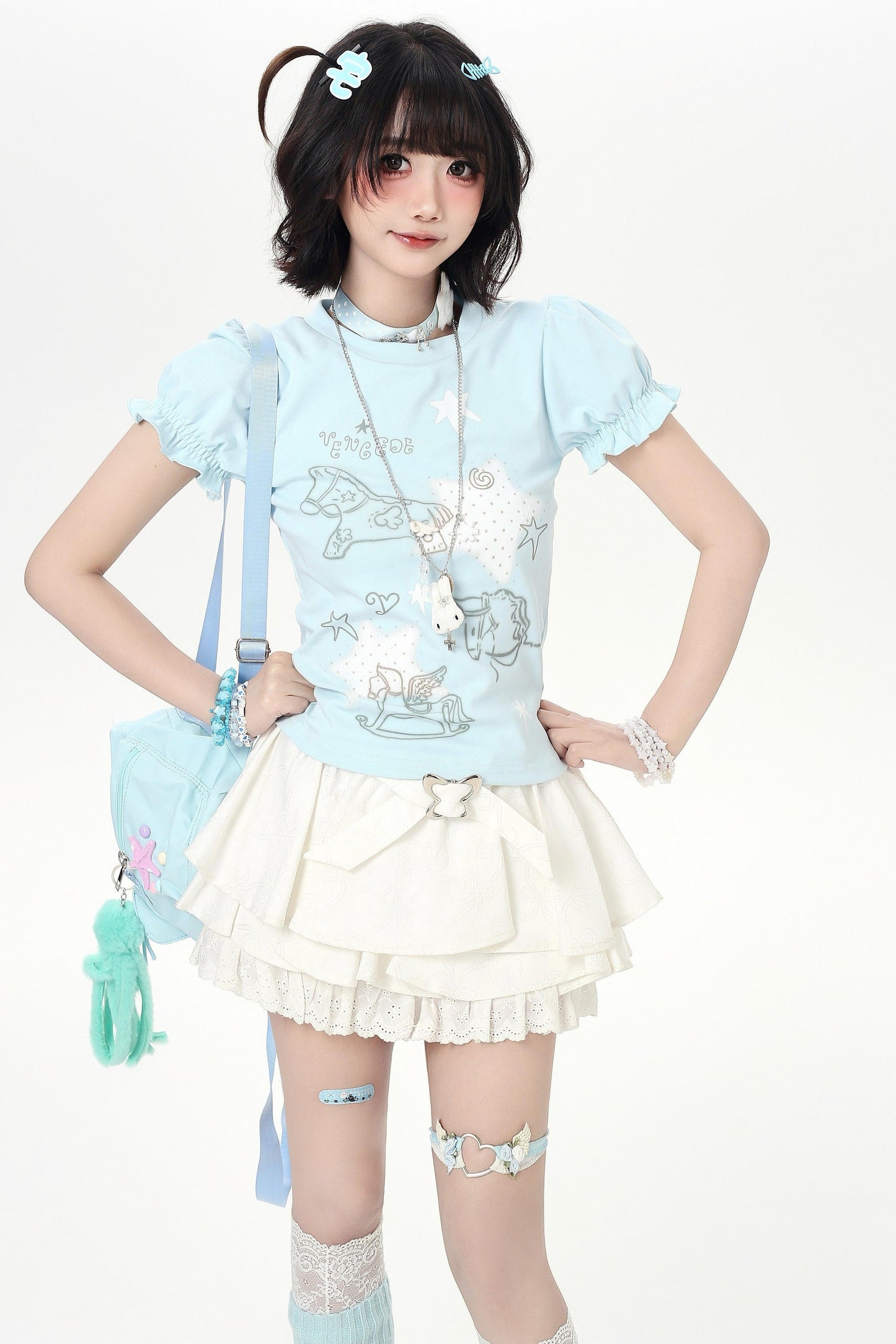 Starry Print Girly Puff Sleeve Top