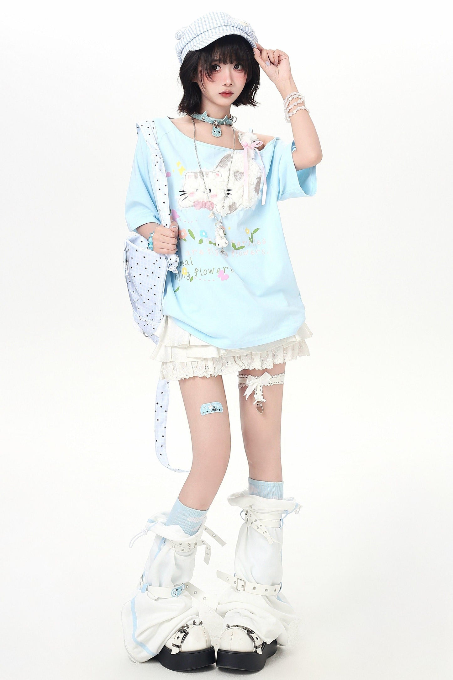 Sweet Cat Off-shoulder Strap Top