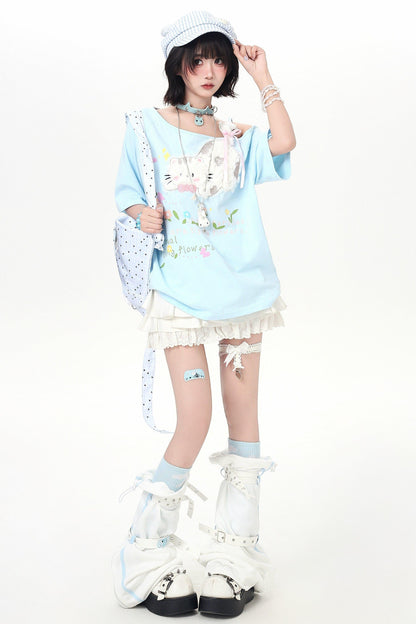 Sweet Cat Off-shoulder Strap Top