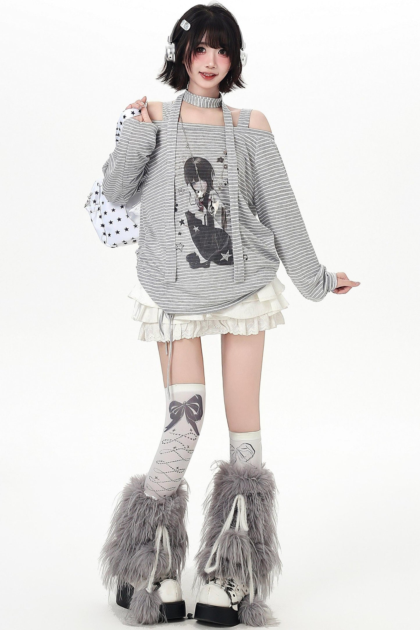 Stripe Off-shoulder Drawstring Loose Long T-shirt (with Stole)