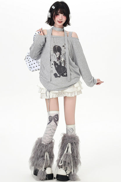 Stripe Off-shoulder Drawstring Loose Long T-shirt (with Stole)