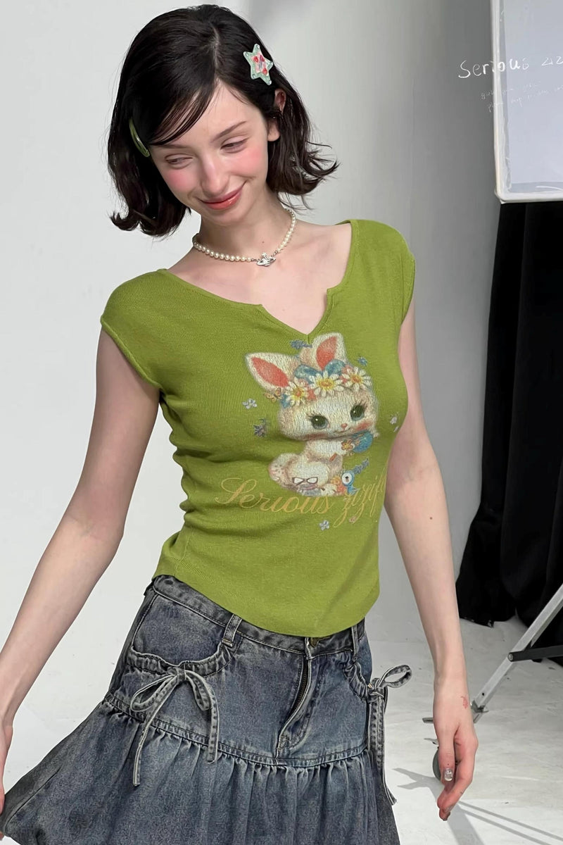 Green Rabbit Print V-neck Top