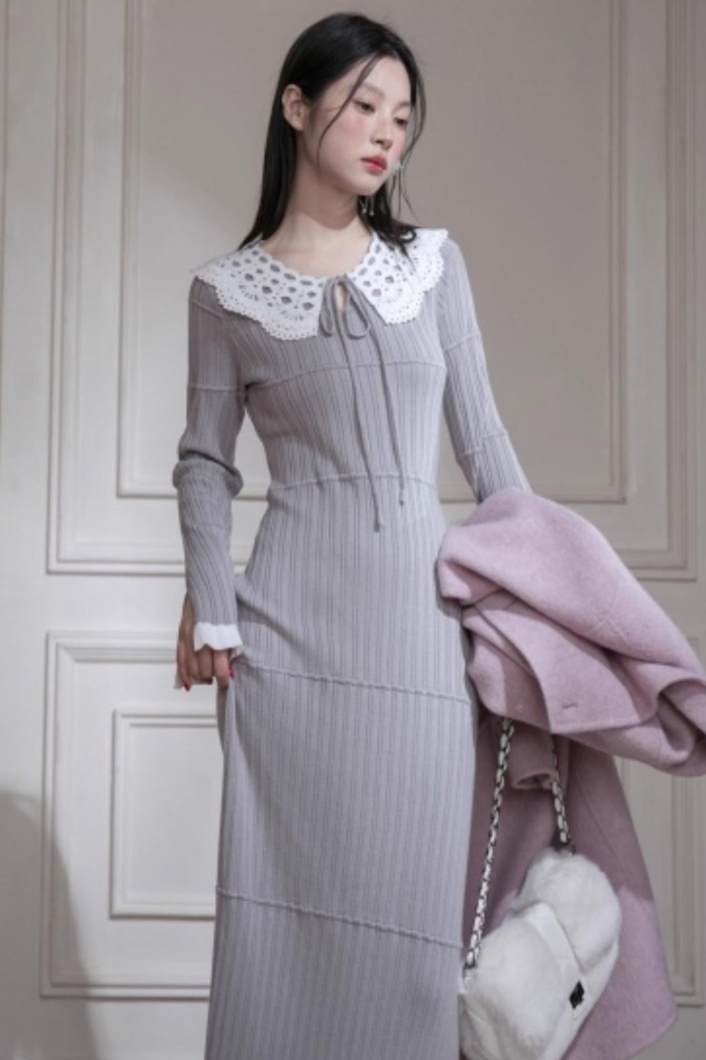 Sichuan Mist Gray Ruffle Long Dress