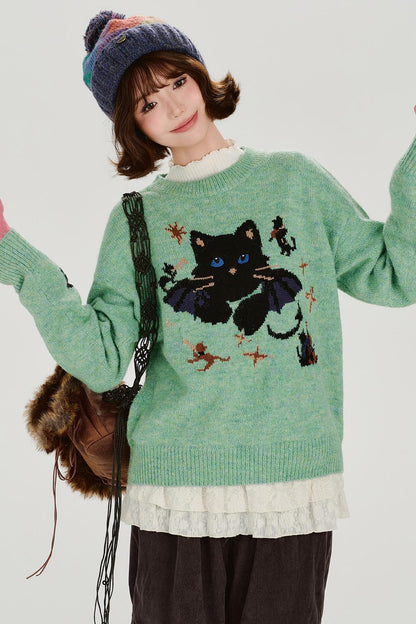 Cat Jacquard Retro Pullover Top