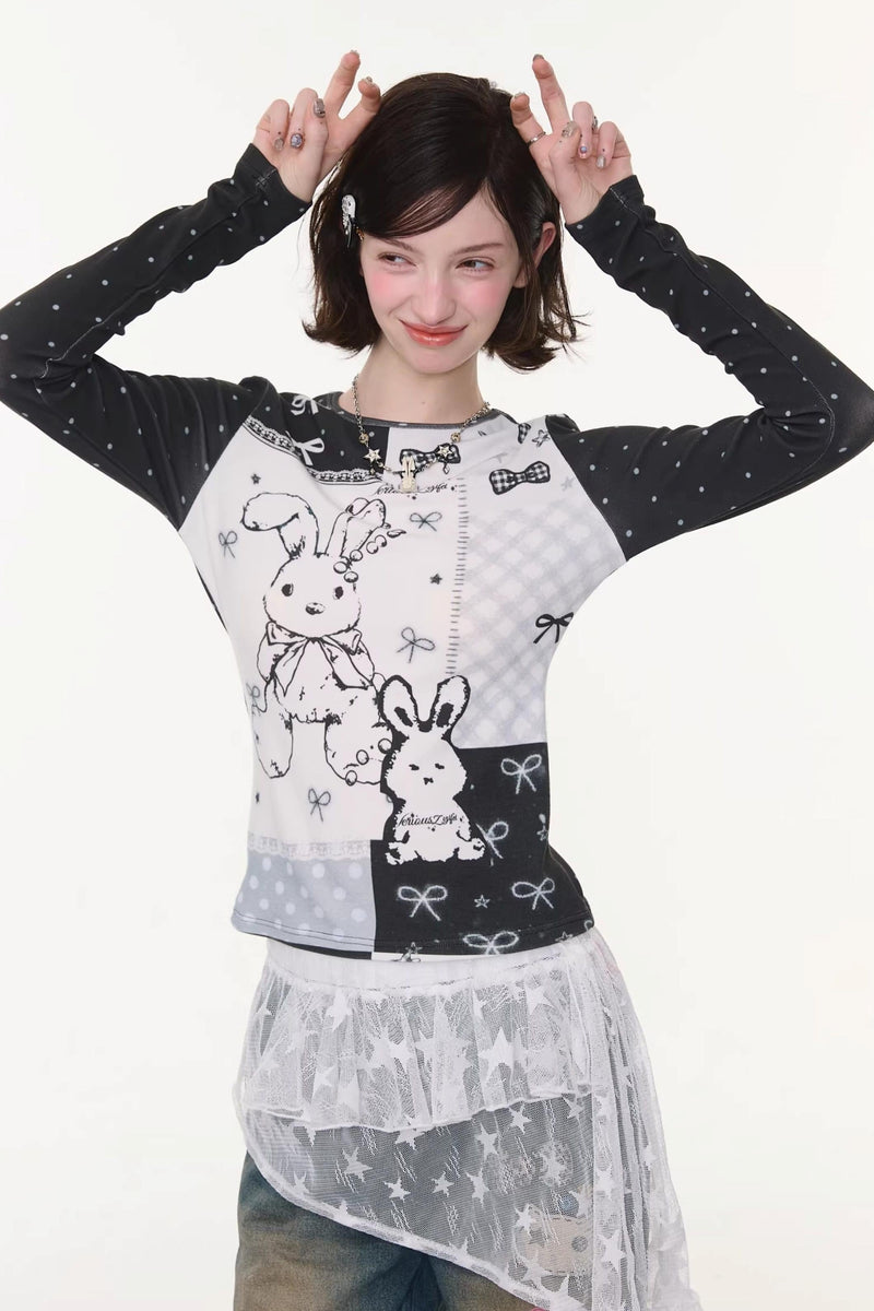 Rabbit Print Collage Contrast Top