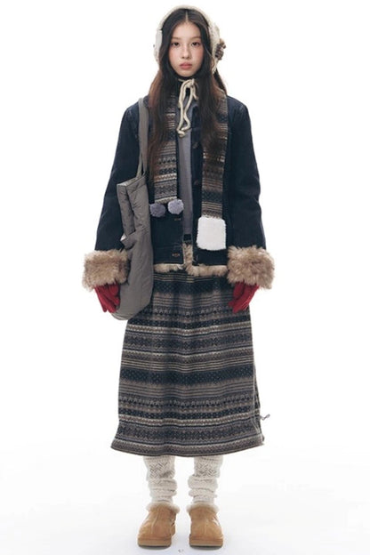 Fur Collar Denim Jacket + Skirt