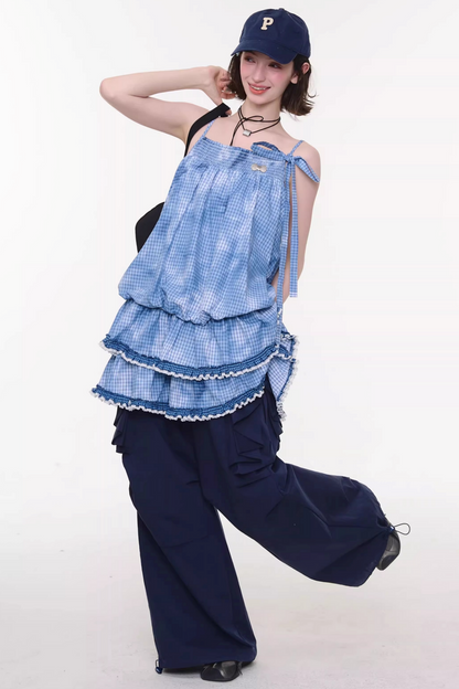 Tie-dye Blue Plaid Lace Dress