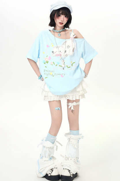 Sweet Cat Off-shoulder Strap Top