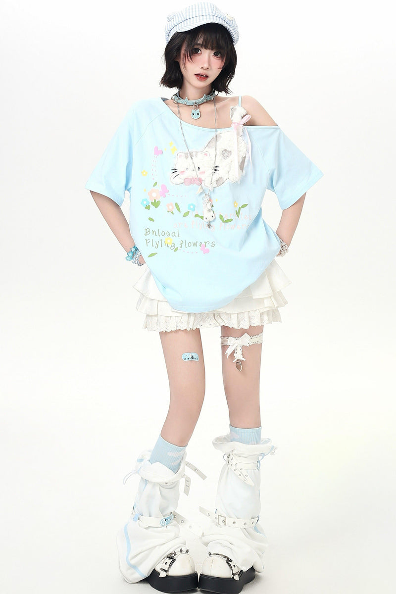 Sweet Cat Off-shoulder Strap Top