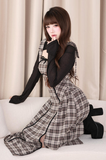 Black Top + Ribbon Shoulder Plaid Jsk Dress Set