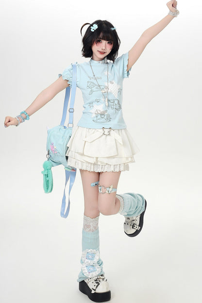 Starry Print Girly Puff Sleeve Top