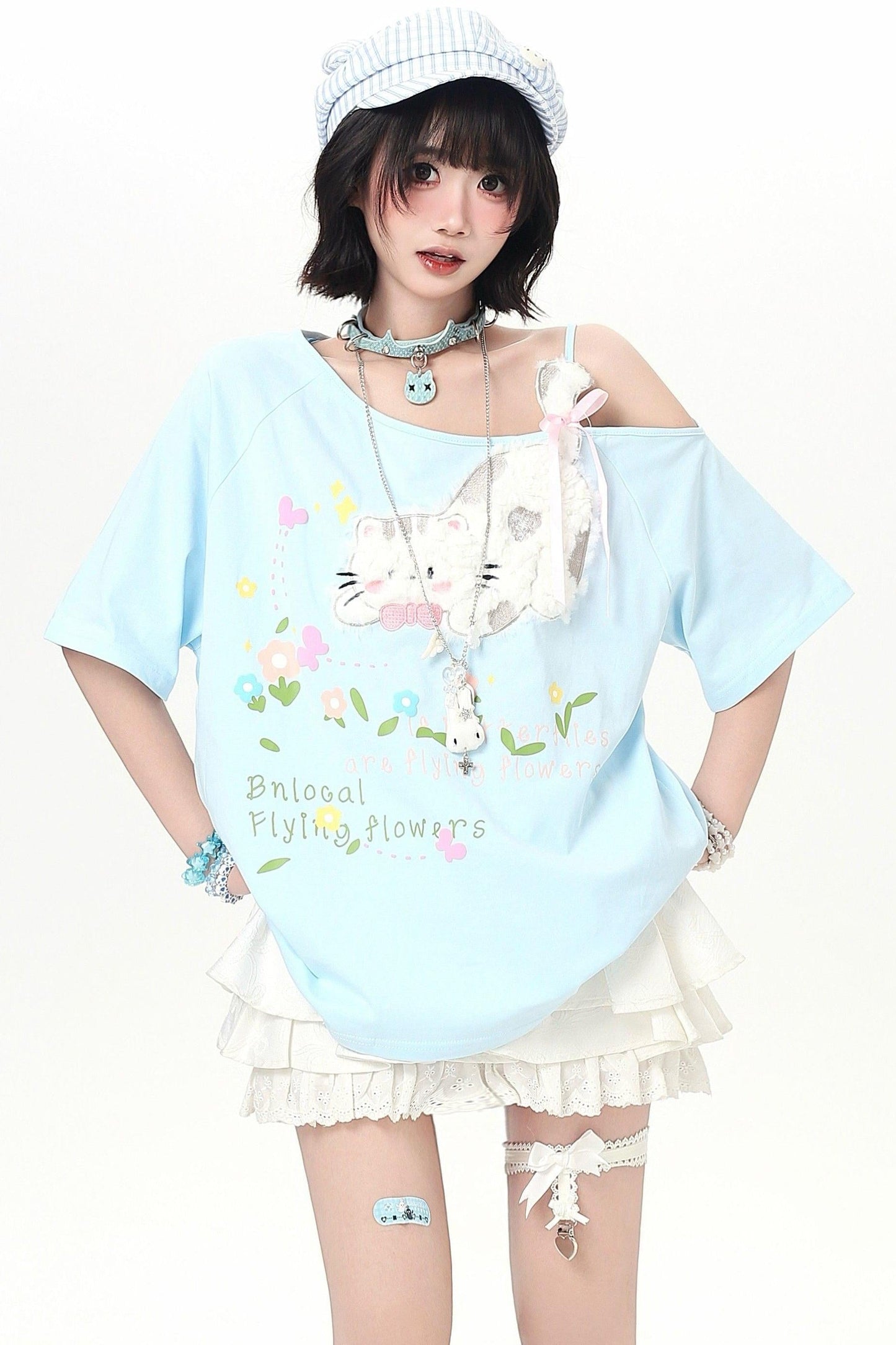 Sweet Cat Off-shoulder Strap Top