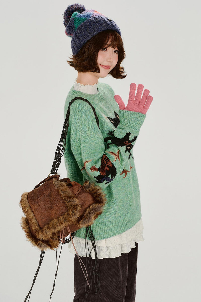 Cat Jacquard Retro Pullover Top