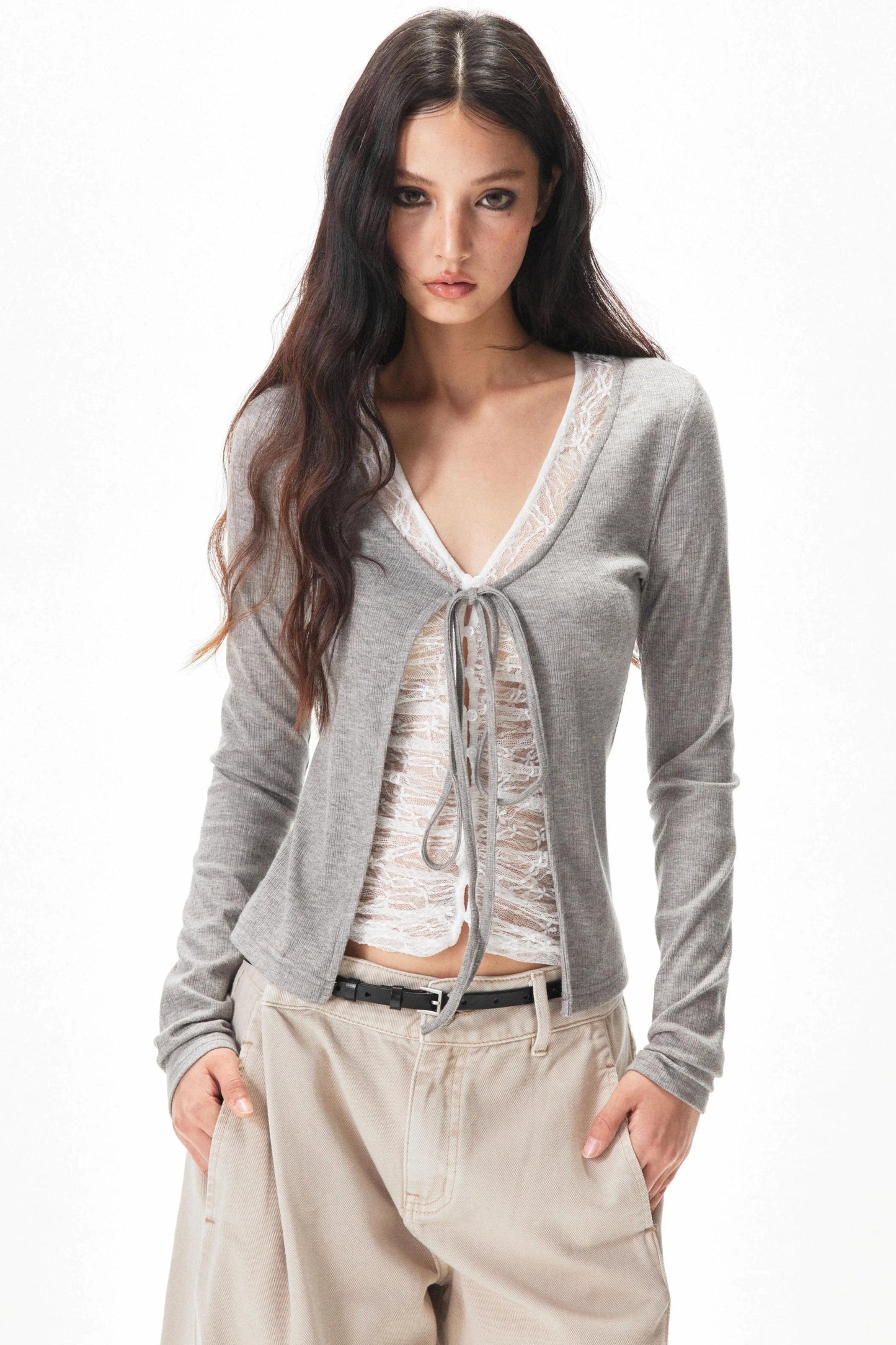Fine Ribbed Knit Lace Blouse