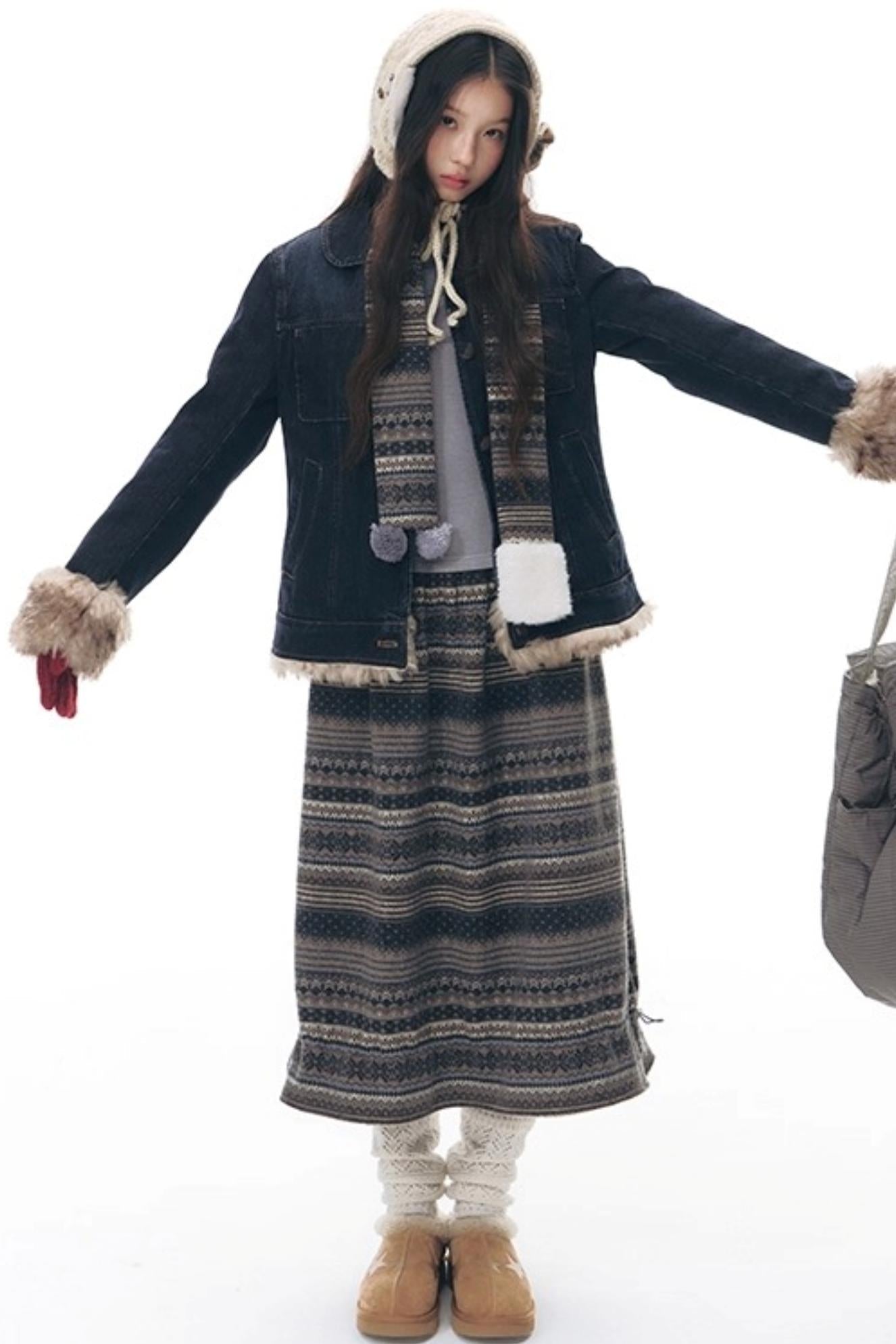 Fur Collar Denim Jacket + Skirt