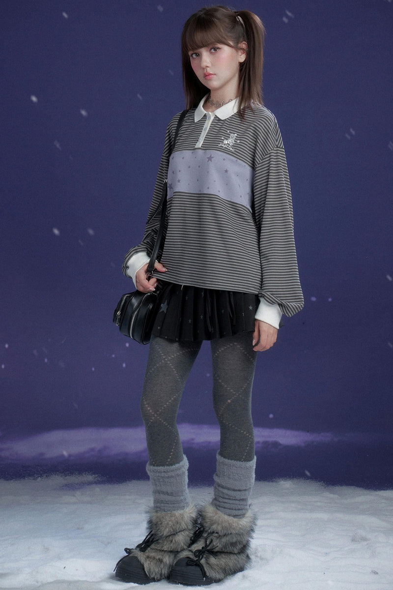 Gray and Purple Striped Polo Top