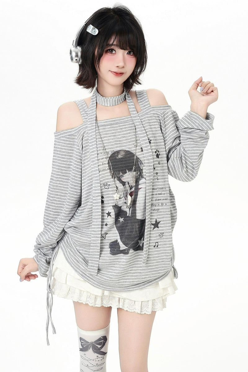 Stripe Off-shoulder Drawstring Loose Long T-shirt (with Stole)
