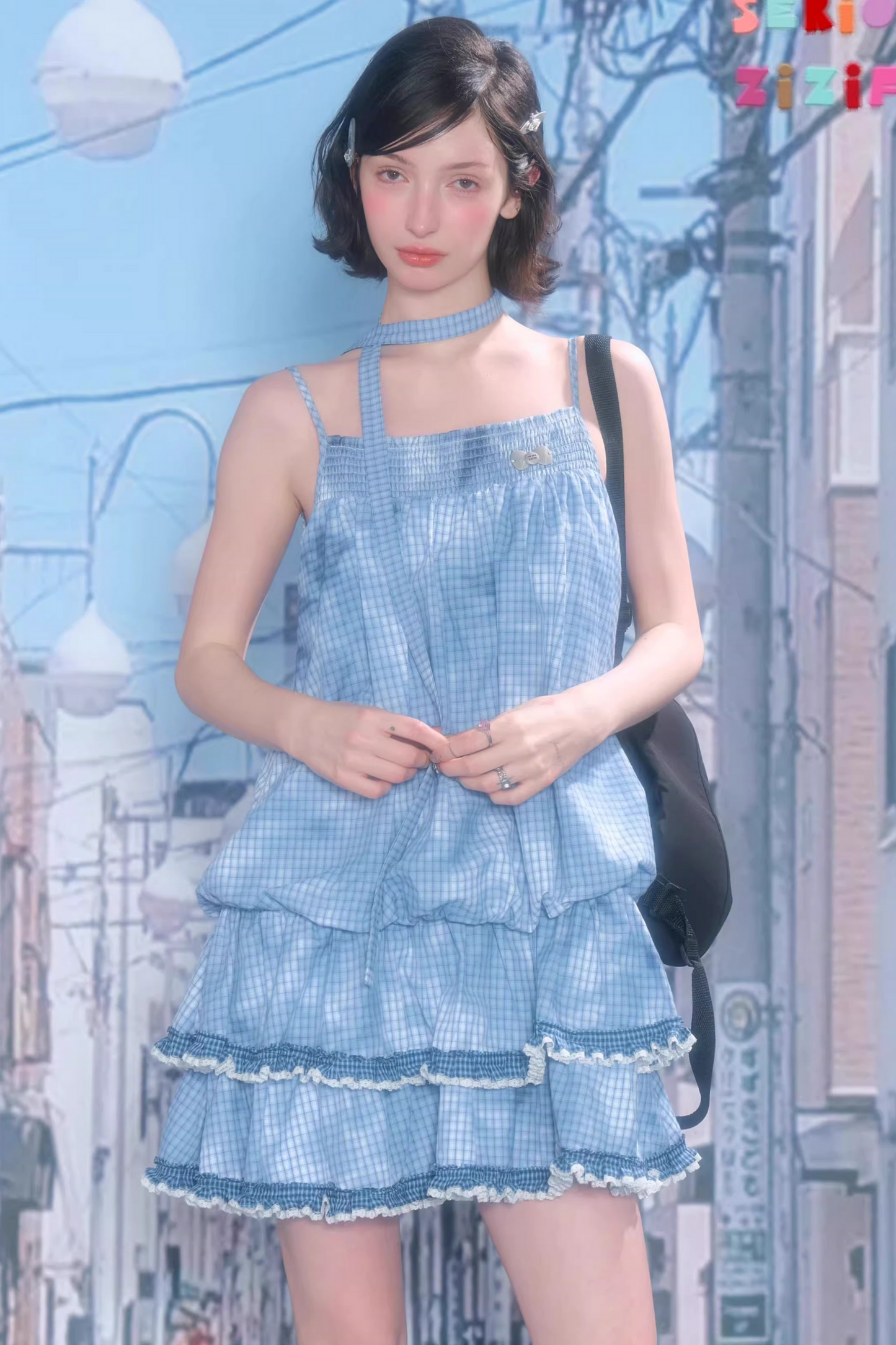 Tie-dye Blue Plaid Lace Dress