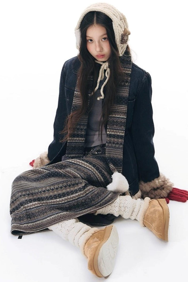 Fur Collar Denim Jacket + Skirt