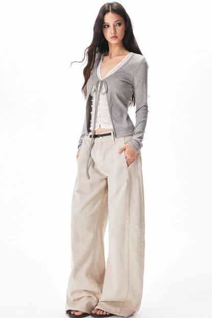 Fine Ribbed Knit Lace Blouse
