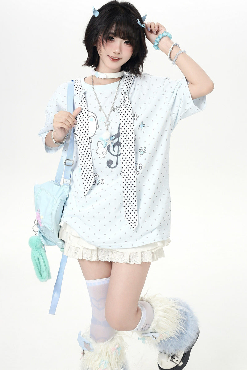 Cat Print Dot Tie Collar Loose T-shirt