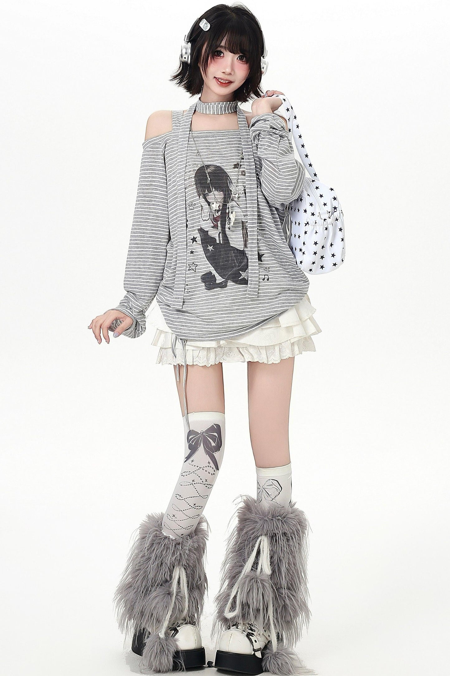 Stripe Off-shoulder Drawstring Loose Long T-shirt (with Stole)