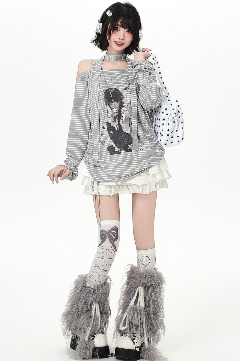 Stripe Off-shoulder Drawstring Loose Long T-shirt (with Stole)