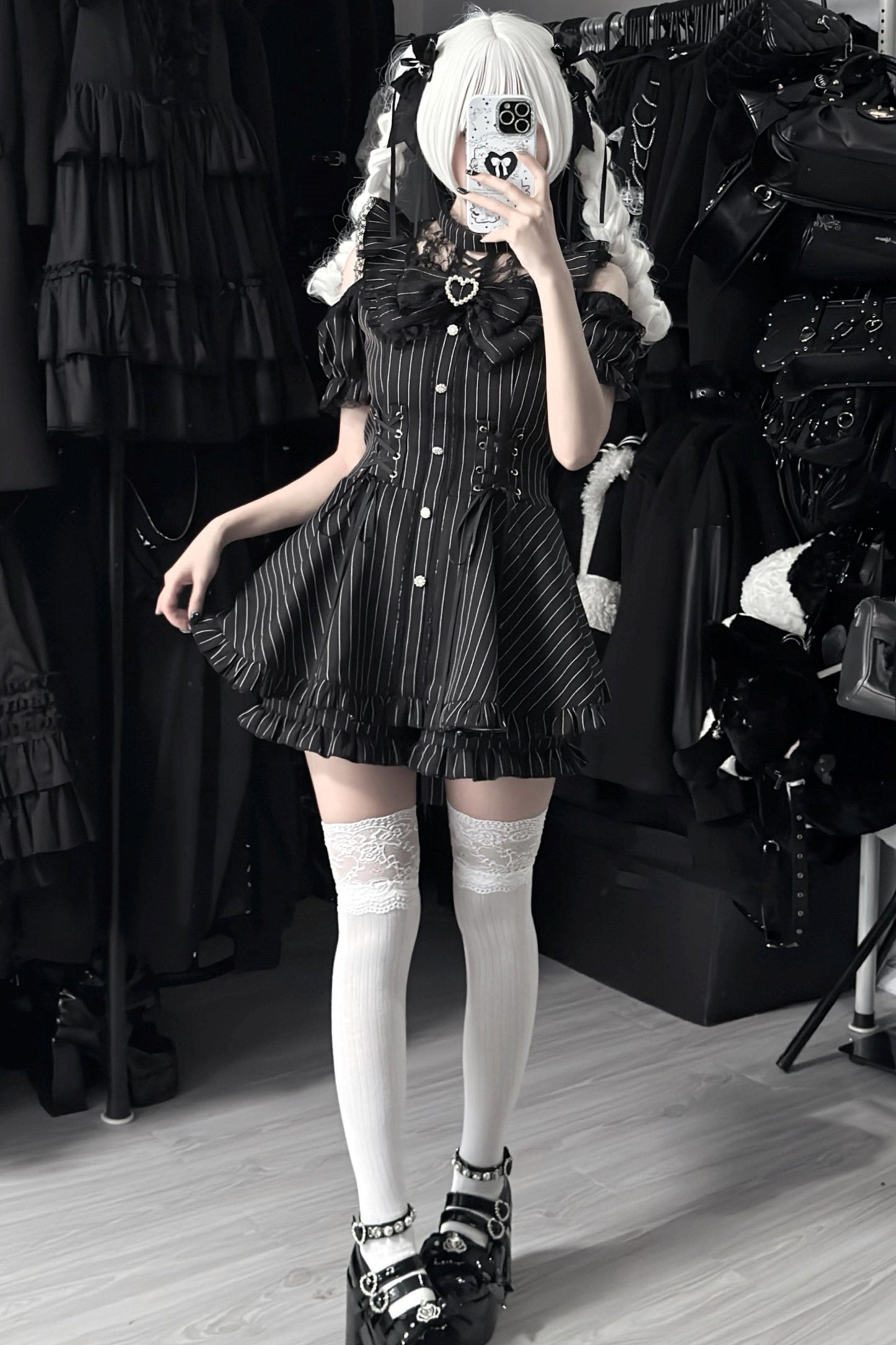 Black / Striped Gothic Lace Ribbon Dress Set