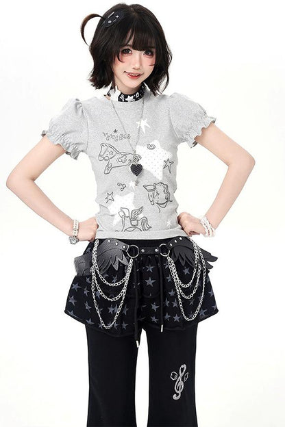 Starry Print Girly Puff Sleeve Top