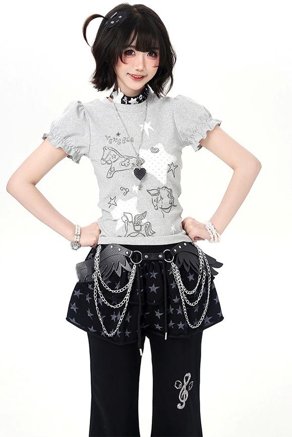Starry Print Girly Puff Sleeve Top