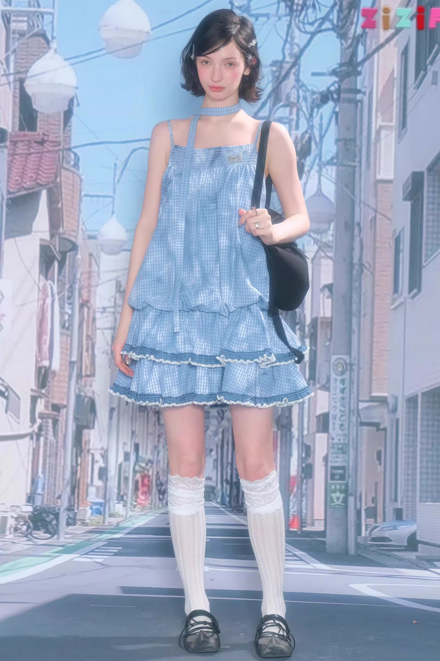 Tie-dye Blue Plaid Lace Dress