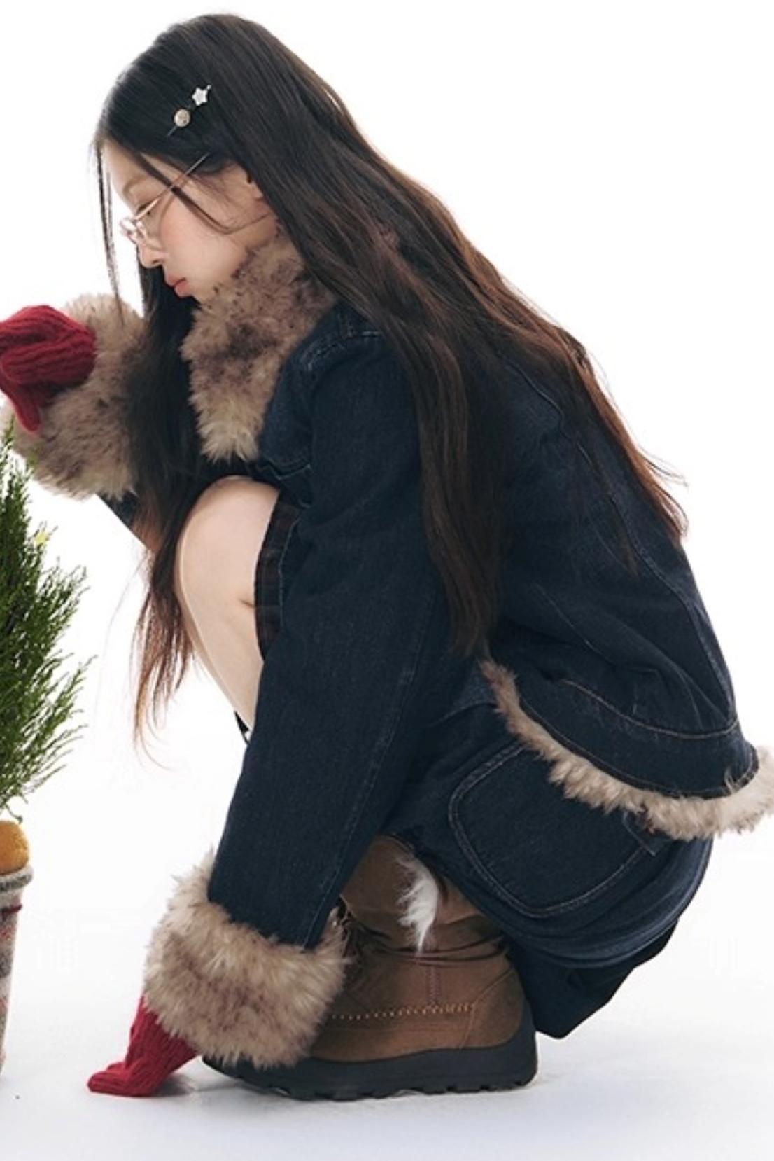 Fur Collar Denim Jacket + Skirt