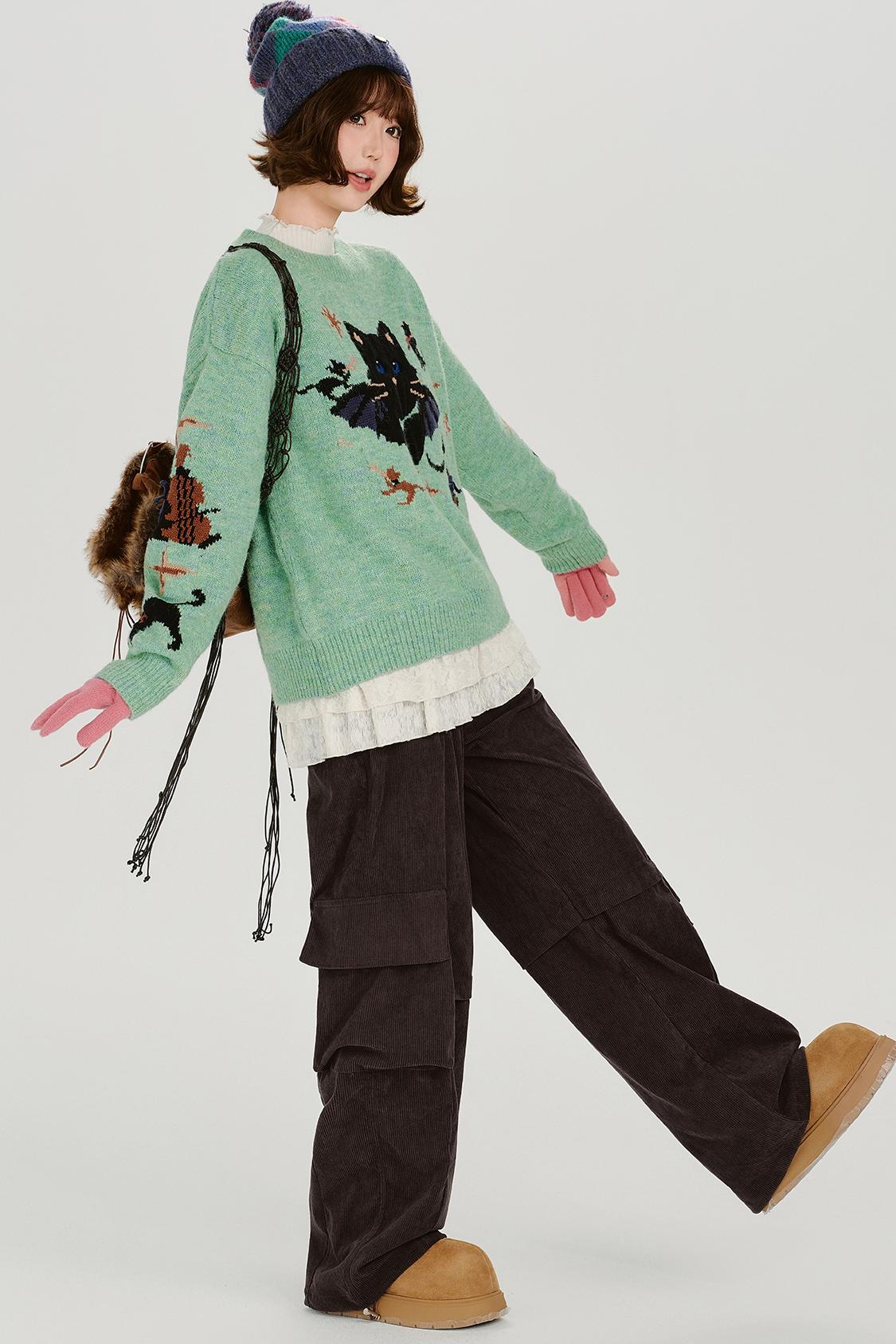 Cat Jacquard Retro Pullover Top
