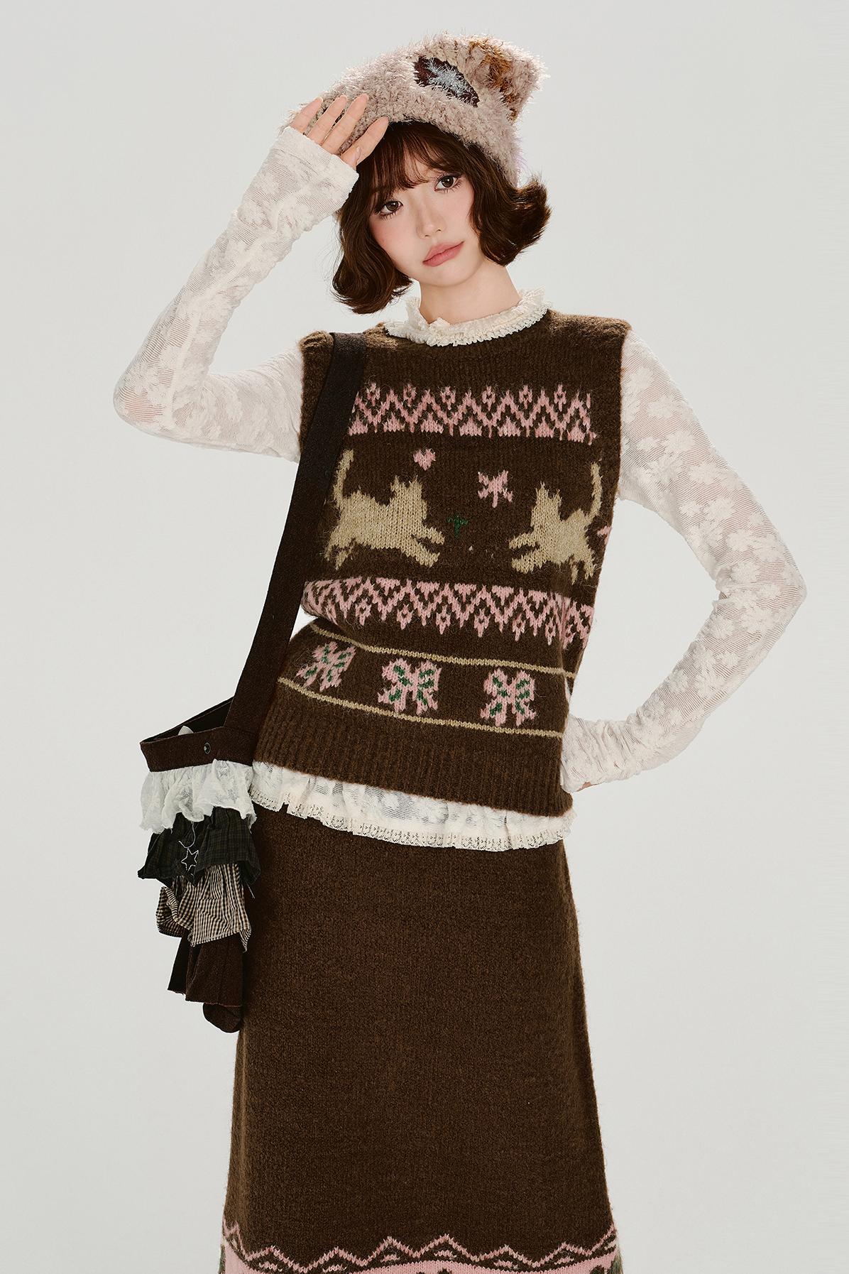 Retro Fair Isle Knit Vest + Skirt
