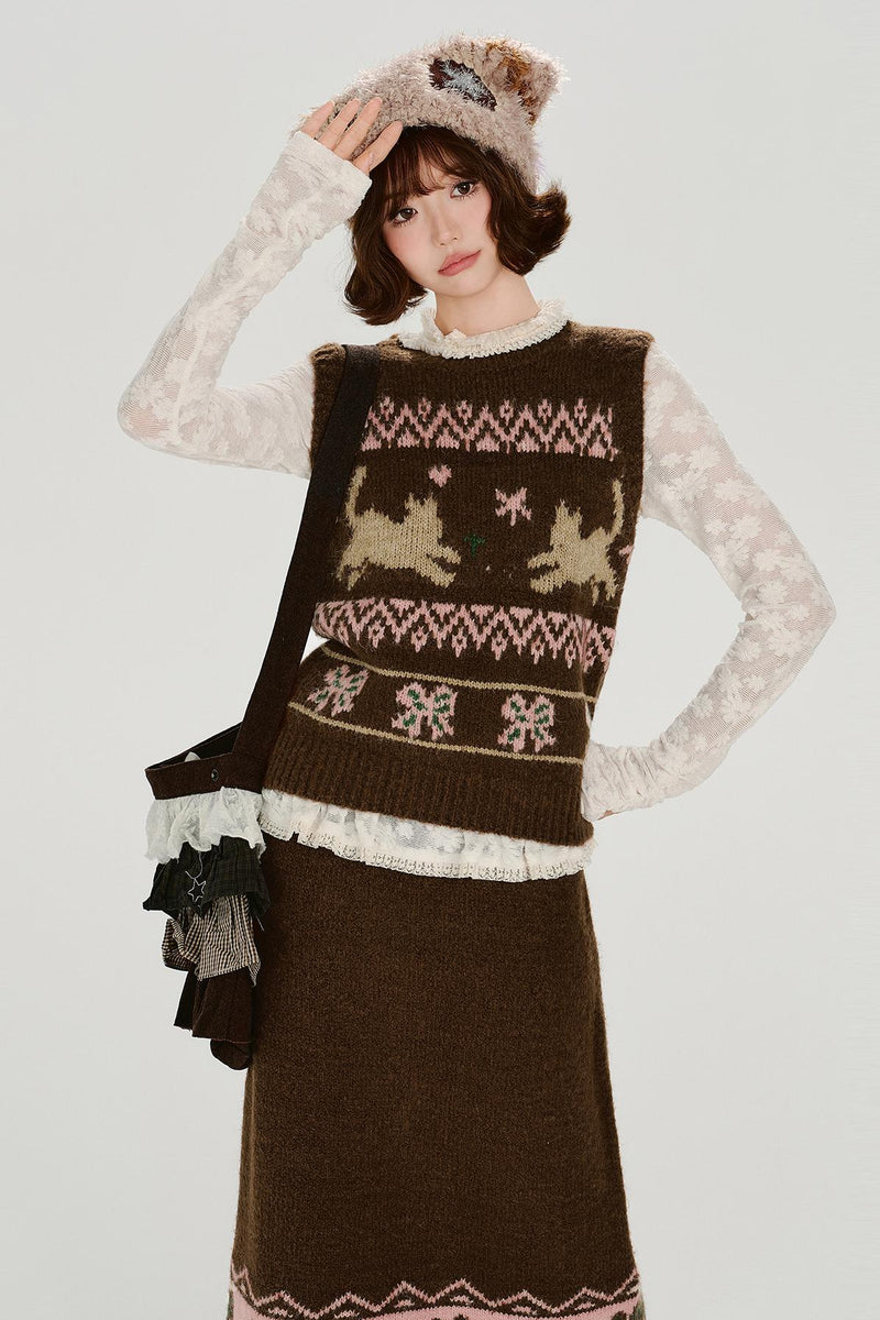 Retro Fair Isle Knit Vest + Skirt