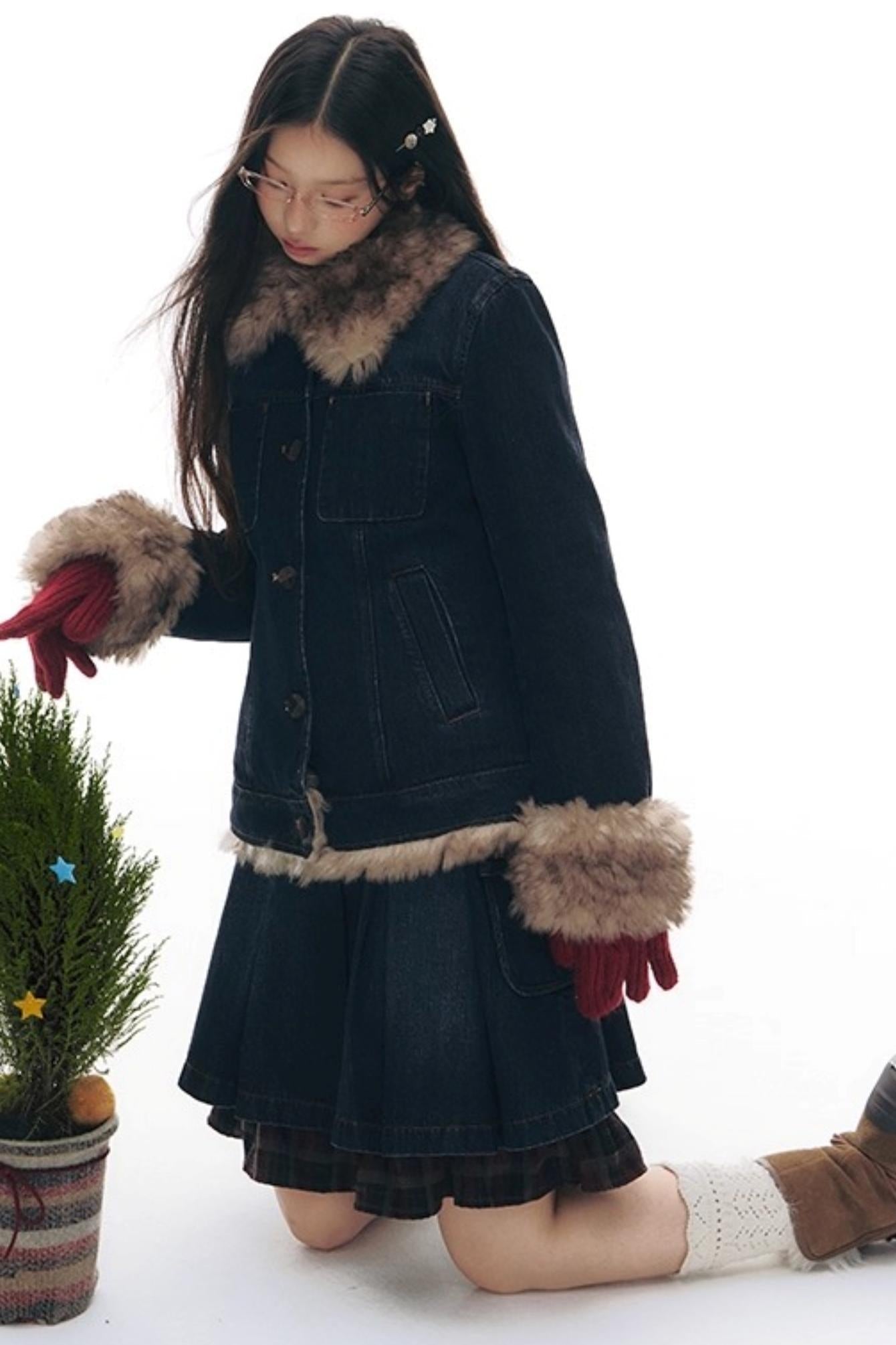 Fur Collar Denim Jacket + Skirt