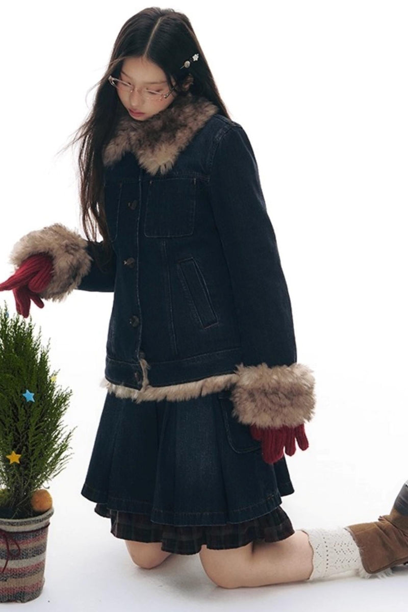 Fur Collar Denim Jacket + Skirt